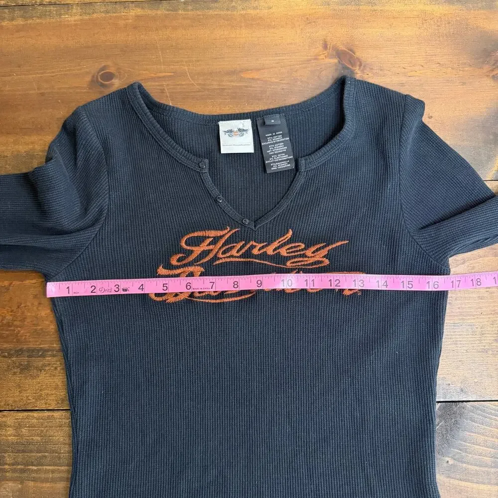Harley-Davidson Black Thermal Long Sleeve Shirt Y2K Retro Women's Small V neck - Picture 9 of 11